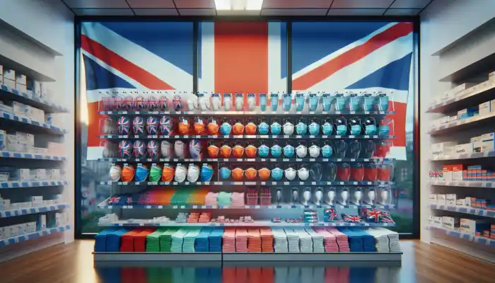 A vibrant display of various PPE masks and visors in a UK pharmacy, including surgical, N95, cloth masks, and face shields on shelves with Union Jack motifs.