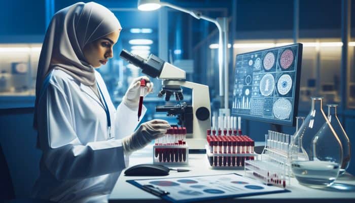 Blood Grouping Test in Plymstock: In a Plymstock lab, a technician in a white coat mixes blood samples with pipettes and examines them under a microscope amid equipment.