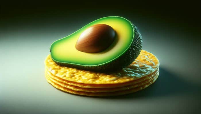 A close-up of a vibrant green avocado on a golden corn tortilla, showcasing bold colour contrasts and smooth textures.