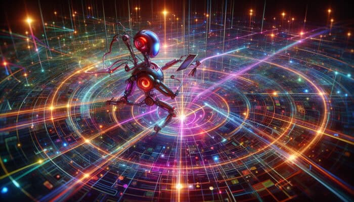 A futuristic search engine bot navigates a glowing digital web, prioritising key pages like a news homepage while avoiding dim peripheral nodes.