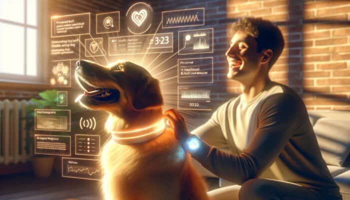 A delighted golden retriever wearing an AI collar, with an owner smiling and petting it, as a tablet displays health data in a sunlit home.