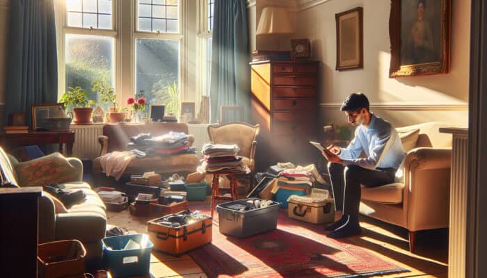 High-Speed Techniques for House Clearance: A person in a sunlit UK living room organizes clutter: categorizing antique furniture, stacking electronics, and sorting clothes.