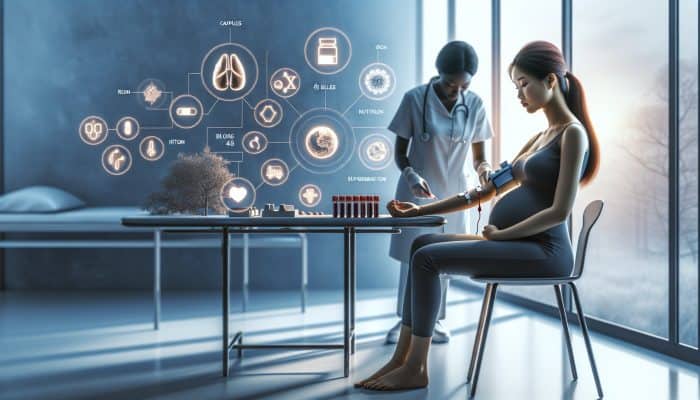 In a modern NHS clinic, a pregnant woman has blood drawn for ferritin testing, surrounded by iron charts and prenatal posters.