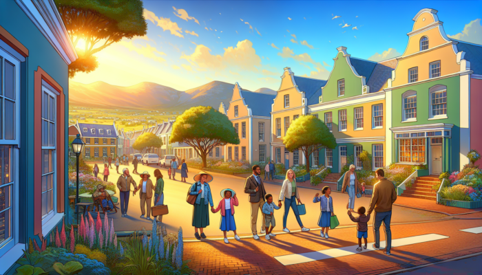 A vibrant street in historic Graaff-Reinet featuring Cape Dutch houses, lush gardens, and families walking to school under a sunny sky.