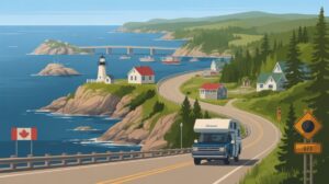 A camper van follows one of the Canadian Maritimes’ scenic routes along a coastal road lined with green hills. A lighthouse, cottages, and boats dot the shore as a bridge stretches across the bay beneath a clear blue sky.