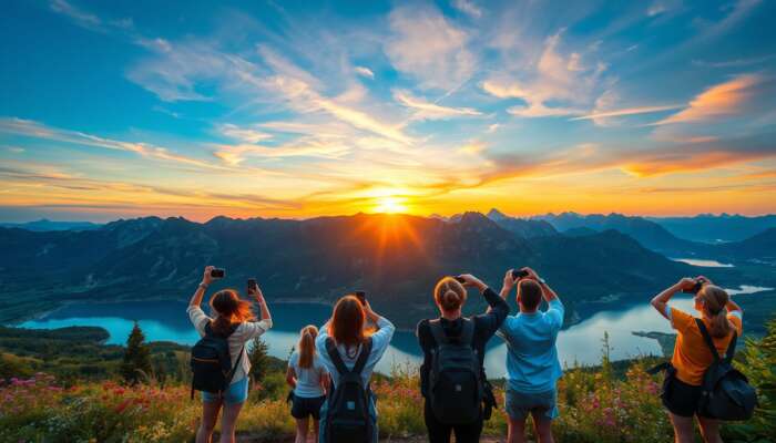 Diverse travelers capturing a vibrant sunset over a picturesque mountain range and serene lake, showcasing adventure and exploration in a stunning landscape.