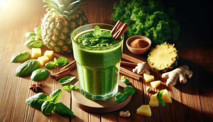 A vibrant green smoothie in a tall glass with mint and cinnamon, garnished with pineapple and kale, on a wooden table with basil and ginger.