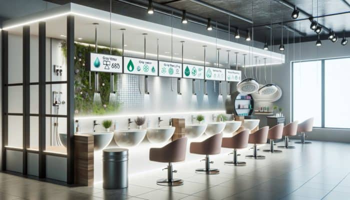 A modern eco-friendly salon featuring stylists using low-flow showerheads, water-efficient systems, greywater recycling, and smart monitors for sustainable beauty services.