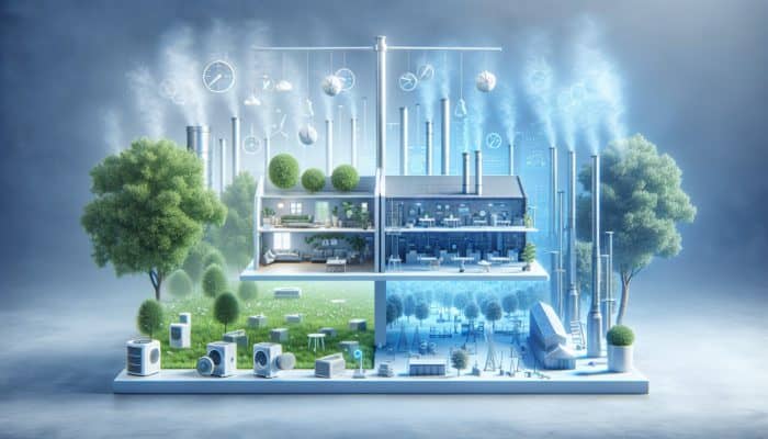 Illustration of humidity management: modern home with dehumidifiers and plants, industrial factory with sensors and vents in blue mist.