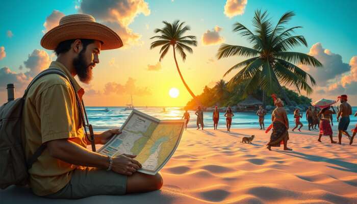 Vibrant tropical island scene: explorer studies map with local guide at community festival under golden sunset.