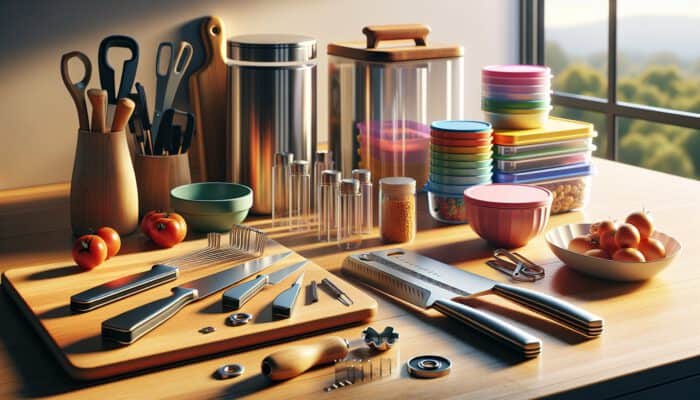 A well-organised kitchen countertop displaying sharp knives on a wooden board, colourful measuring cups, sturdy glass containers, and a can opener under warm lighting.