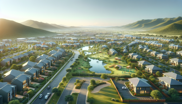 Aerial view of Riverview and Green Valley Estates in sunny Upington, South Africa, with modern homes, lush green spaces, parks, and playgrounds.