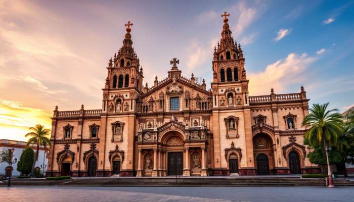 Majestic church in San Miguel de Allende blending Baroque sculptures, Gothic arches, and Neoclassical symmetry under a golden sunset.