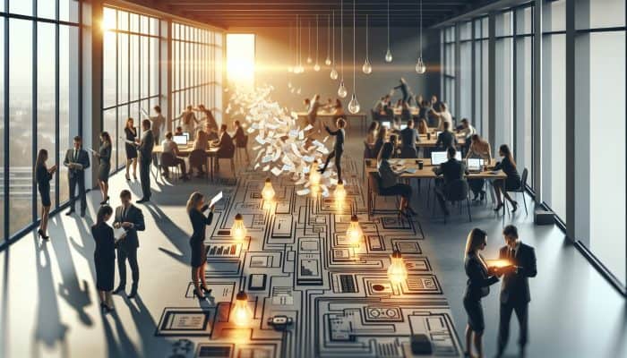 Debt Consolidation for Energy Bill Arrears: Key Strategies | DCL A financial advisor in a modern office merges scattered energy bills into a glowing document, as tangled power lines straighten, symbolizing debt relief.