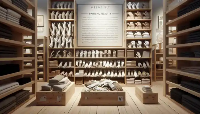 Cotton Gloves in Tewkesbury: Assorted cotton gloves in a Tewkesbury shop: soft white for delicate chores, durable beige for gardening, neatly on wooden shelves.