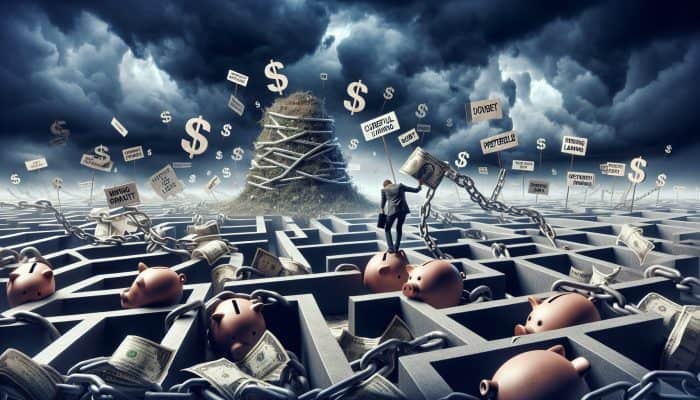 A stressed borrower navigates towering debt chains under stormy skies, with broken piggy banks and tangled financial documents.