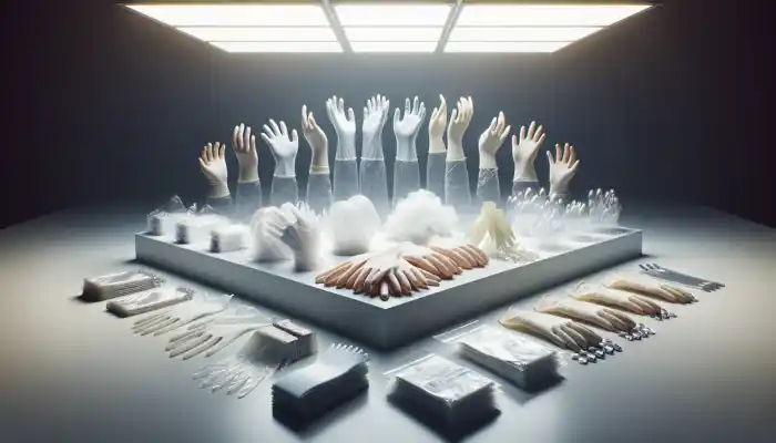 Polythene Gloves in Basingstoke: Display of various polythene gloves on a sterile white table: thin LDPE, sturdy HDPE, budget vinyl, durable nitrile, and eco-friendly biodegradable under bright lights.