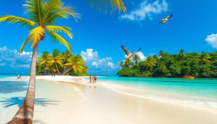 A vibrant Belizean beach scene with turquoise waters, white sands, swaying palms, snorkeling tourists, and colorful birds.