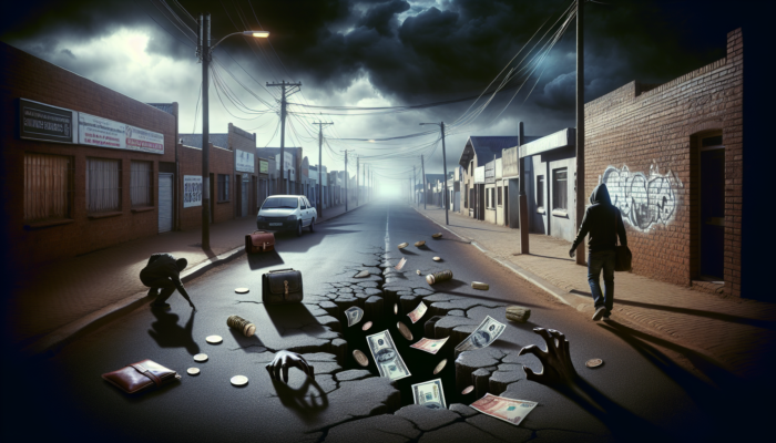 Shadowy street in Vanderbijlpark with unexpected bills on cracked pavements, coins spilling from alleys, and worried residents under a stormy sky.