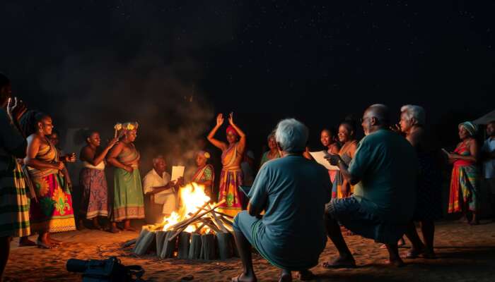 Belizean festival scene: Diverse people in colorful attire dance around a bonfire, while others listen to elders' stories under starry skies, fostering empathy.