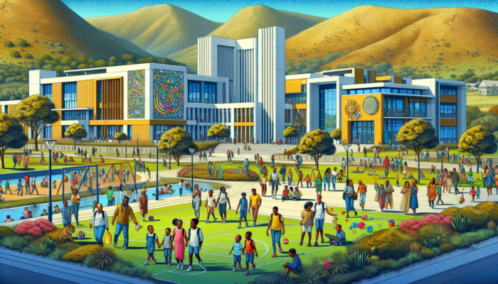 A vibrant Krugersdorp school zone with modern buildings, children playing in green parks, and families at community events.