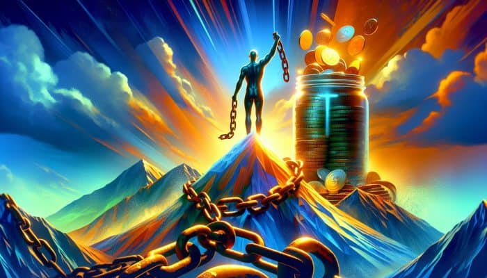 A triumphant figure on a sunlit mountain peak breaks free from rusted debt chains, with a glowing jar overflowing with golden coins in a hopeful landscape.