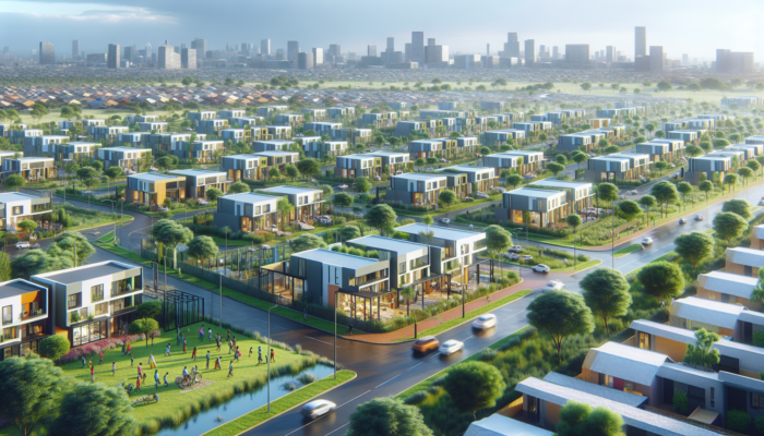 Modern affordable homes in a Johannesburg suburb, surrounded by green parks and residents at community events, symbolizing urban growth.