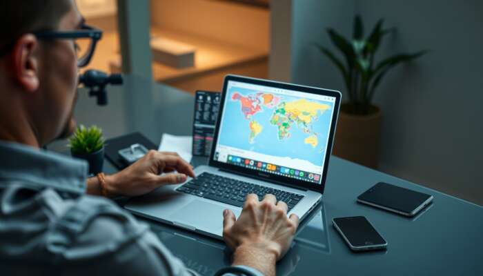 A traveller at a sleek desk coordinates vacation logistics on a laptop, showing flight bookings, hotel reservations, and a colourful itinerary map.