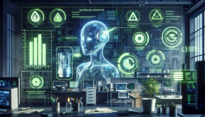 Glowing holographic AI virtual assistant in a high-tech lab, with oversized energy meters showing waste, green eco-icons, and update notifications on digital charts.
