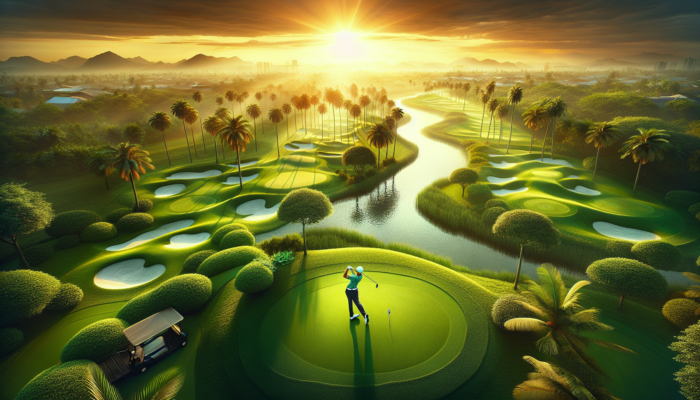 Aerial view of Sabi River Sun Golf Club: lush fairways along a river, swaying palm trees, golfer mid-swing at sunset.