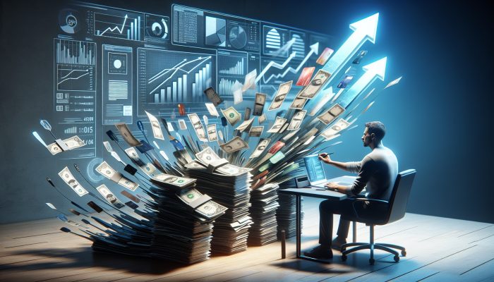 Can I Get Debt Consolidation with Defaults?: Expert Guide | DCL A serene person at a modern desk organizes chaotic bills and cards into one payment, with upward arrows showing lower interest and financial growth.