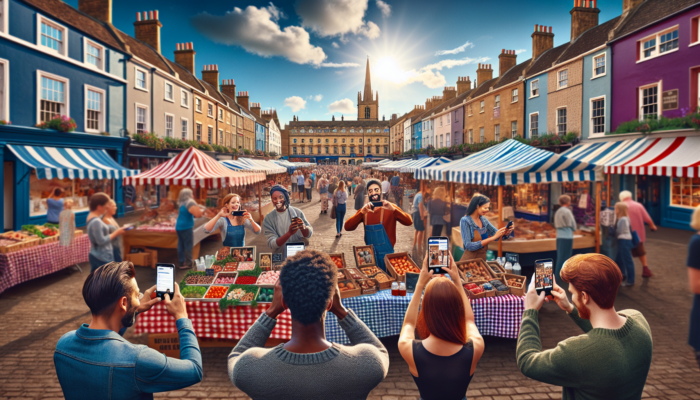 A lively market square in Midsomer Norton showcasing historic Georgian architecture, colourful stalls, and marketers capturing Instagram moments under a clear blue sky.