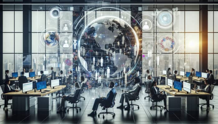 A modern office scene with professionals using AI dashboards for compliance reporting, holographic global law symbols integrated into efficient workflows.