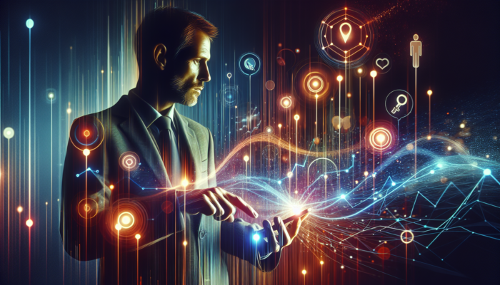 Small business owner in Yeovil analyses a glowing digital dashboard with rising SEO metrics, colorful graphs, and search icons.