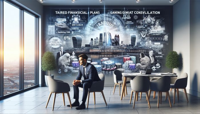 A confident UK financial advisor in a modern London office discusses debt consolidation with a client, surrounded by personalised plan charts, gambling debt symbols, and FCA compliance documents.