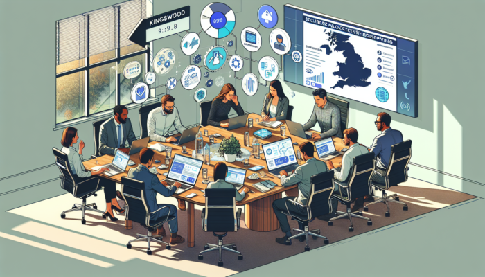 In a modern Kingswood office, web experts and business owners engage in discussions about website planning, equipped with laptops, digital sketches, payment icons, and Gloucestershire maps.