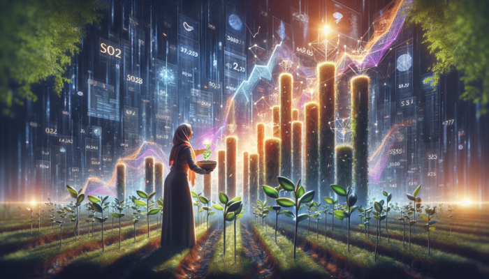 A small business owner plants SEO seeds in a digital garden, with web traffic vines climbing a growth chart under a data-filled sky.