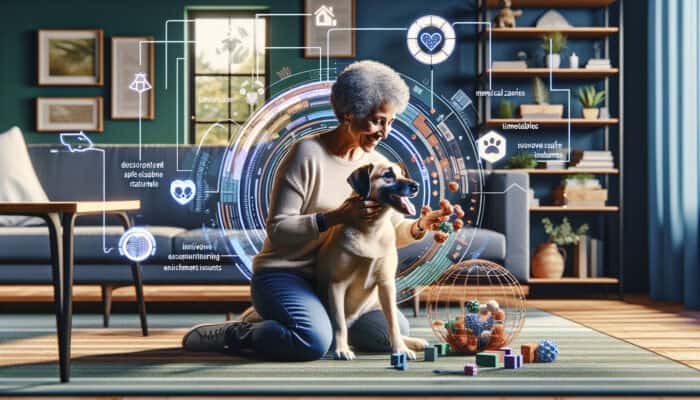 A happy dog engaging with interactive toys in a comfortable living room, receiving gentle affection and positive reinforcement from its owner.