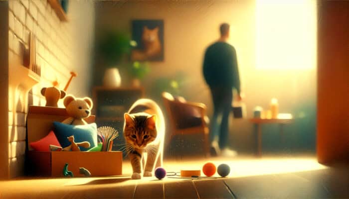 A curious cat exploring a sunlit living room, sniffing toys and furniture, as a patient owner observes encouragingly.