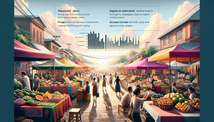 Bustling local market with WooCommerce stalls showcasing handmade goods on screens, customers browsing apps, rising sales graphs under a bright sky.