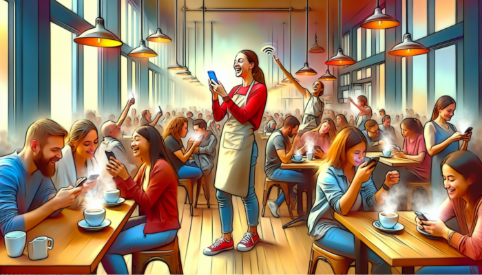 In a vibrant Lechlade café, a smiling owner shares videos on illuminated social media screens as patrons engage on phones with steaming coffee cups.