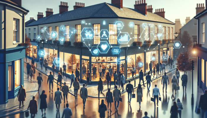 A bustling Lechlade high street featuring a thriving retail store, crowds entering, and illustrations of digital marketing advantages such as visibility icons and ad graphs.