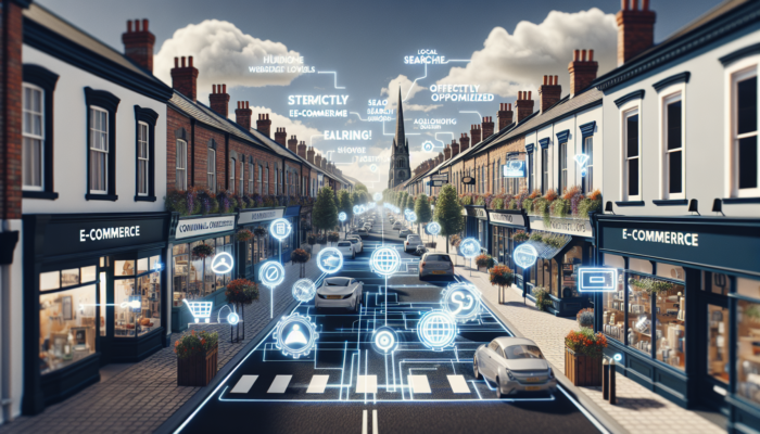 E-commerce SEO in Teignmouth for Small Business: A bustling high street in Teignmouth, UK, with small shops featuring digital overlays like keyword clouds and optimized interfaces for SEO.