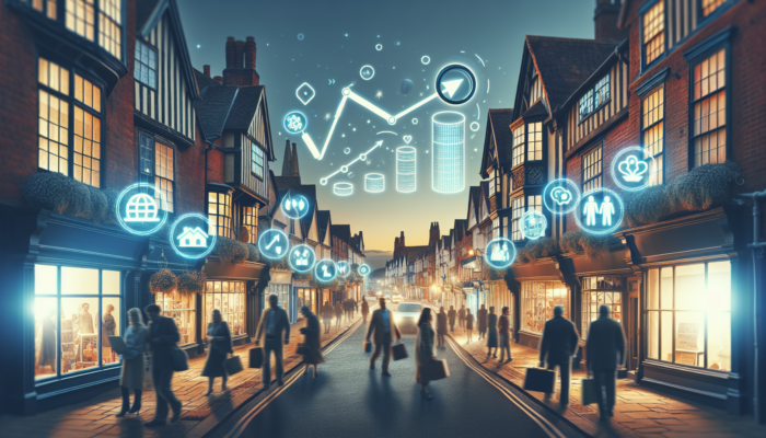 Bustling Gloucester street at dusk, with business owners networking under Tudor buildings, overlaid by rising traffic graphs and SEO keywords.