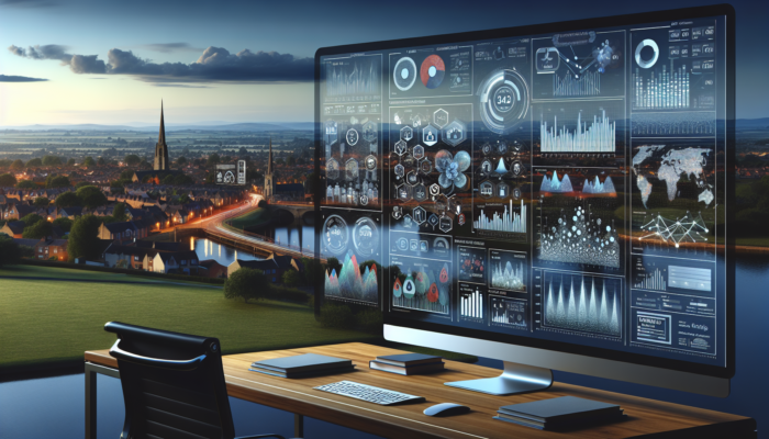 A dynamic dashboard in a modern office showcasing colourful graphs of analytics metrics and audience feedback surveys against the skyline of Sherborne.