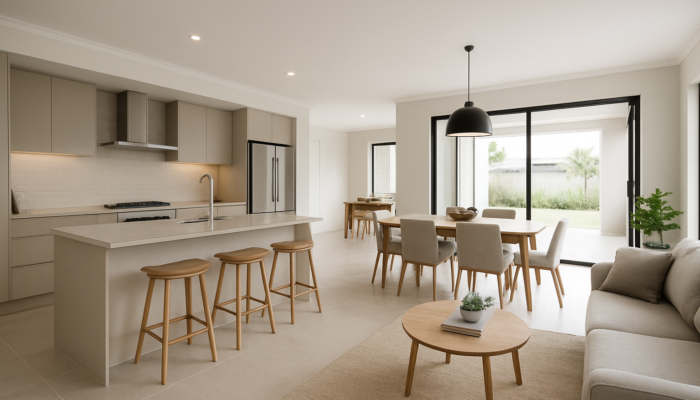Modern Ballito home interior with open-plan layout, sleek tiled floors, and contemporary kitchen.