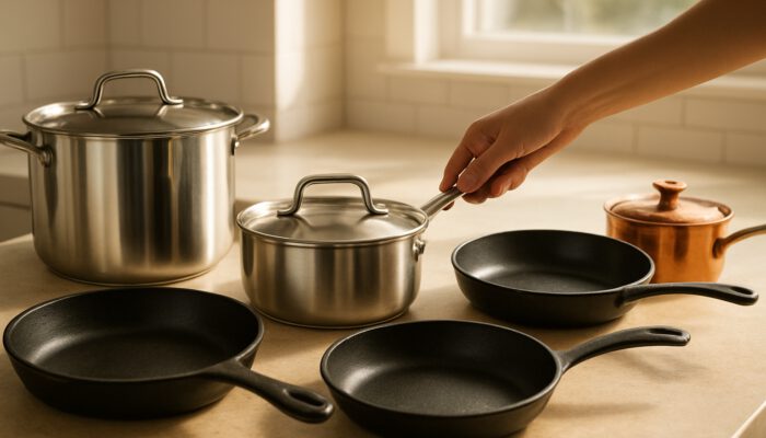 Assorted cookware on sunlit counter: stainless steel pots, cast iron skillets, and a hand selecting one.