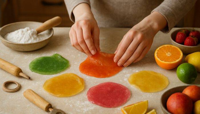 Person shaping colorful edible wrappers from fruits in a cozy home kitchen.