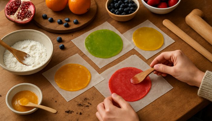 Hands crafting vibrant edible wrappers from fruits and starches in a cozy home kitchen.