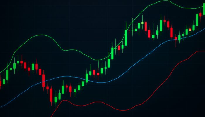 Cryptocurrency chart with Bollinger Bands: blue moving average and green/red volatility bands displaying price fluctuations.
